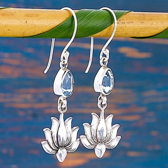 Silver Blue Topaz Lotus Dangle Earrings Dainty Flower Stone Hook Water Drop - Picture 2 of 6